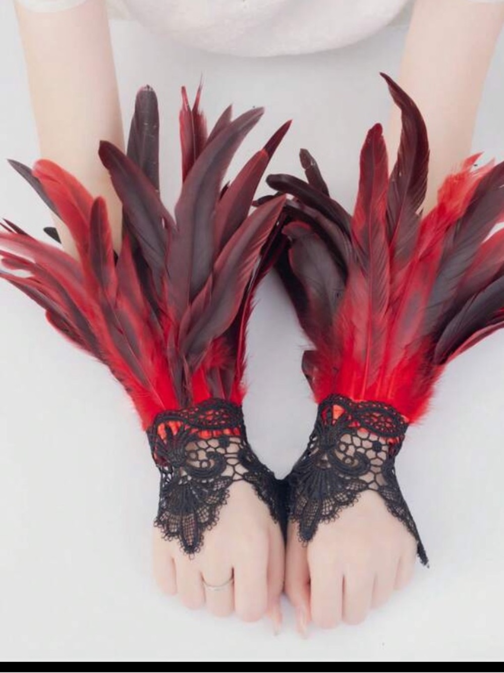 Feather Lace Fingerless Cuffs or anklets in Red & Black
